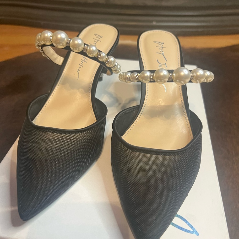 Betsey Johnson Cream and Black Heels with Crystal Accents